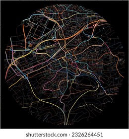 Map of Boblingen, Baden-Wuerttemberg with all major and minor roads, railways and waterways. Colorful line art on black background.