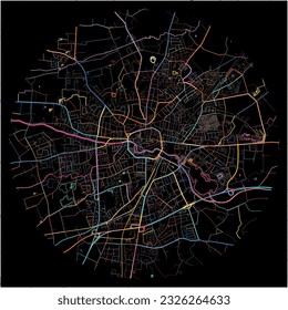 Map of Bocholt, North Rhine-Westphalia with all major and minor roads, railways and waterways. Colorful line art on black background.