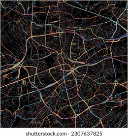 Map of Bochum, North Rhine-Westphalia with all major and minor roads, railways and waterways. Colorful line art on black background.