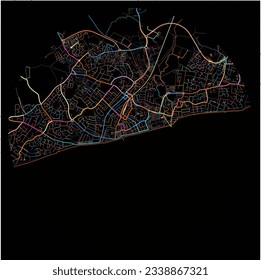 Map of BognorRegis, South East England with all major and minor roads, railways and waterways. Colorful line art on black background.