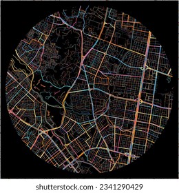 Map of Bogota with all major and minor roads, railways and waterways. Colorful line art on black background.