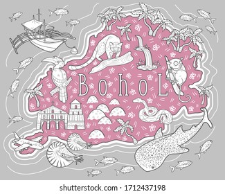 Map of Bohol island, Philippines. Vector illustration. Cartoon style. Architecture, animals, fish, showplaces, boat, tarsier, bird, snake, cat, palms, church, while shark, chocolate hills, waterfall.