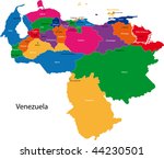 Map of the Bolivarian Republic of Venezuela with the states colored in bright colors and the main cities.