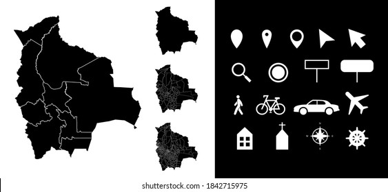 Map of Bolivia administrative regions departments with icons. Map location pin, arrow, looking glass, signboard, man, bicycle, car, airplane, house, church. Royalty free outline Bolivian vector map.