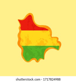 Mapa de Bolivia coloreado con la bandera boliviana y marcado con línea dorada en estilo cosechado.