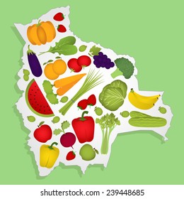 Map of Bolivia full of fruits and vegetables (tomato , apple, orange , eggplant, cabbage, cucumber , broccoli, grapes, arugula, banana, peppers, celery, strawberries, watermelon, carrot). 