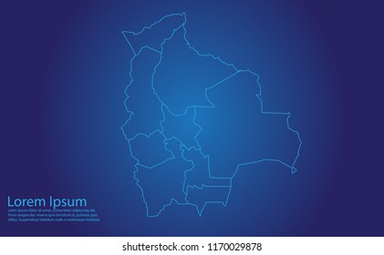 Map of bolivia - With glowing point and lines scales on the dark gradient background. bolivia map with country borders, thin Blue outline on Dark background.