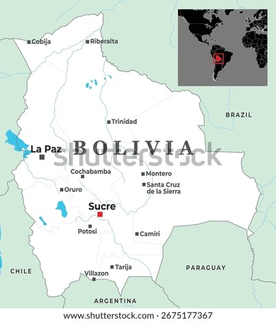 Map of Bolivia with major cities, surrounding countries, and inset showing its location in South America