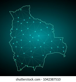Map of Bolivia from Polygonal wire frame low poly mesh, contours network line, luminous space stars, design sphere, dot and structure. Vector Illustration EPS10.