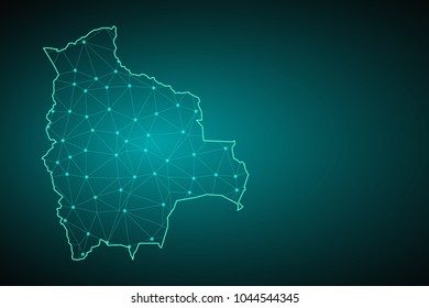 Map of Bolivia from Polygonal wire frame low poly mesh, contours network line, luminous space stars, design sphere, dot and structure. Vector Illustration EPS10.