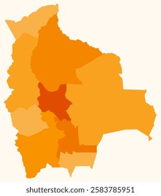 Map of Bolivia with regions. Just a simple country border map with region division. Orange color palette. Blank Bolivia shape with administrative division. Vector illustration.