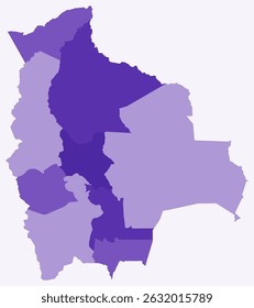 Mapa da Bolívia com regiões. Apenas um simples mapa de fronteira de país com divisão de região. Paleta de cores roxo profundo. Forma simples da Bolívia com divisão administrativa. Ilustração vetorial.