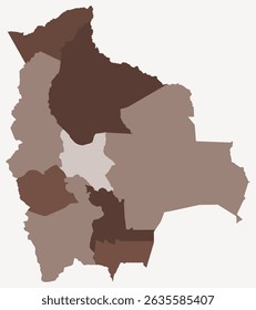 Mapa da Bolívia com regiões. Apenas um simples mapa de fronteira de país com divisão de região. Paleta de cores marrom. Forma simples da Bolívia com divisão administrativa. Ilustração vetorial.