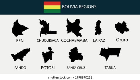 Map of Bolivia regions outline silhouette vector illustration
