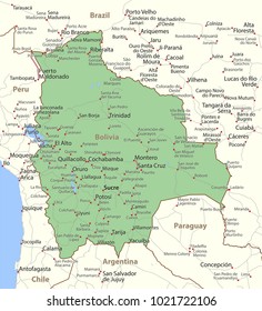 Map of Bolivia. Shows country borders, urban areas, place names and roads. Labels in English where possible.
Projection: Mercator.