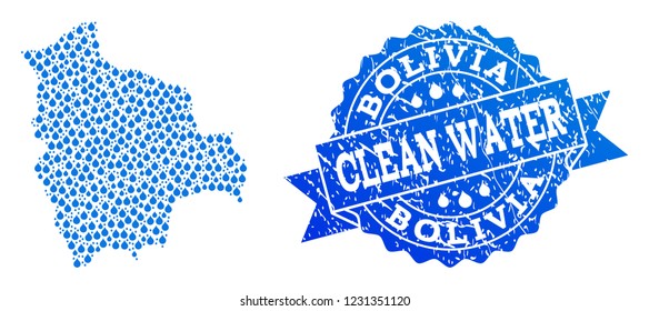 Map of Bolivia vector mosaic and clean water grunge stamp. Map of Bolivia created with blue water raindrops. Seal with corroded rubber texture for clean drinking water.