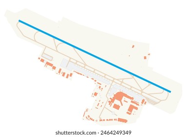 Map of Bologna Guglielmo Marconi Airport (Italy). IATA-code: BLQ. Airport diagram with runways, taxiways, apron, parking areas and buildings. Map Data from OpenStreetMap.