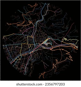 Map of Bolzano, Trentino-Alto AdigeSüdtirol with all major and minor roads, railways and waterways. Colorful line art on black background.