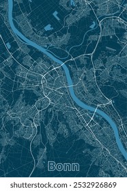 Mapa de Bonn, Alemanha, renderizado em um estilo minimalista. O mapa apresenta um fundo azul profundo com linhas brancas representando estradas e ruas.