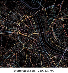 Map of Bonn, North Rhine-Westphalia with all major and minor roads, railways and waterways. Colorful line art on black background.