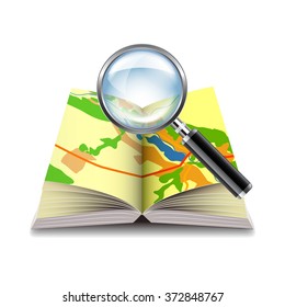 Map book and magnifier isolated on white photo-realistic vector illustration
