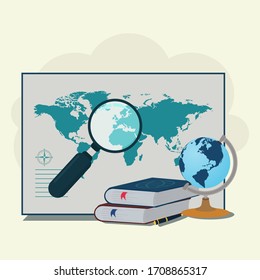 Mapa, libros, pluma, globo y lupa. Concepto de enseñanza de geografía