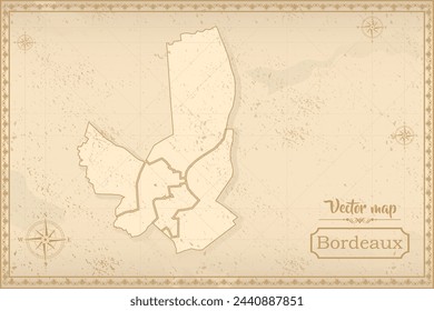 Map of Bordeaux in the old style, brown graphics in retro fantasy style. city in France.