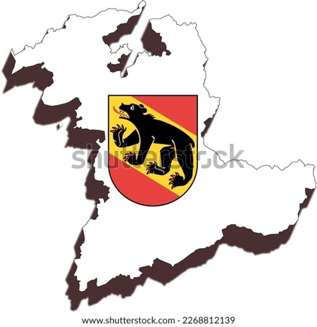 Map with border of Swiss Canton Bern combined with coat of arms with bear and 3d effect. Illustration made March 1st, 2023, Zurich, Switzerland.