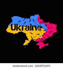 A map with the borders of Ukraine with a flag, a national fight for freedom. 2022 russian invasion of Ukraine. Stand with UA