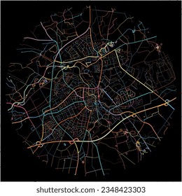 Map of Borken, North Rhine-Westphalia with all major and minor roads, railways and waterways. Colorful line art on black background.