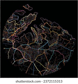 Map of Bormla, South Eastern Region with all major and minor roads, railways and waterways. Colorful line art on black background.
