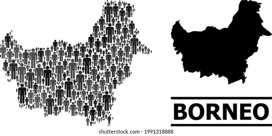 Map of Borneo Island for demographics projects. Vector demographics abstraction. Concept map of Borneo Island organized of human items. Demographic concept in dark grey color tints.