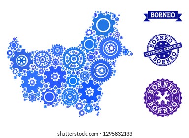 Map of Borneo Island designed with blue engine symbols, and isolated scratched watermarks for official repair services.