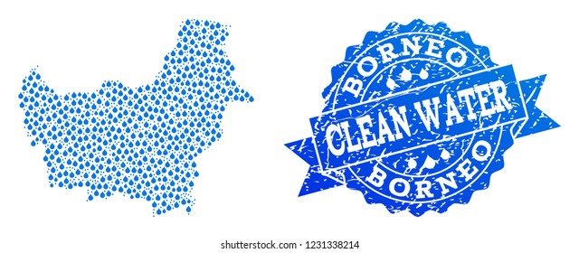 Map of Borneo Island vector mosaic and clean water grunge stamp. Map of Borneo Island composed with blue water tears. Seal with scratched rubber texture for clean drinking water.