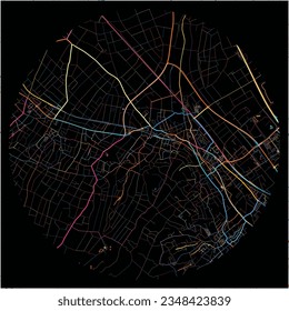 Map of Bornheim, North Rhine-Westphalia with all major and minor roads, railways and waterways. Colorful line art on black background.