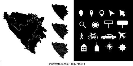 Mapa de los departamentos de las regiones administrativas de Bosnia y Herzegovina con íconos. Alfiler de localización de mapas, flecha, vidrio de aspecto, cartón de señalización, hombre, bicicleta, auto, avión. Mapa de vector bosnio libre de regalías.