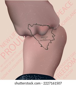 A map of the Bosnia and Herzegovina drawn on the hands. A beautiful and stylish template for real patriots of their country.