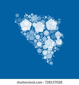 map of bosnia and herzegovina filled with white pentagons of different sizes and degrees of transparency on a blue background