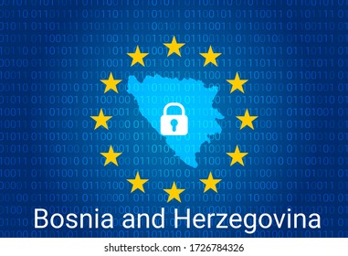 Map of Bosnia and Herzegovina, with lock and binary code background. europe union internet blocking, virus attack, privacy protect. vector illustration