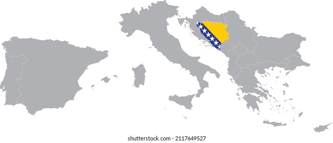 Map of Bosnia and Herzegovina with national flag within the gray map of South Europe