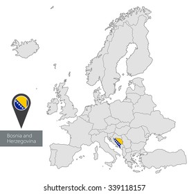 Map of Bosnia and Herzegovina with an official flag. Location in Europe