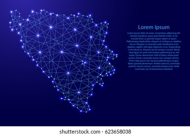 Map of Bosnia and Herzegovina from polygonal blue lines and glowing stars vector illustration