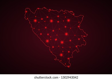 Map of Bosnia and Herzegovina from Polygonal wire frame low poly mesh, contours network line, luminous space stars, design sphere, dot and structure. Vector Illustration EPS10. - Vector