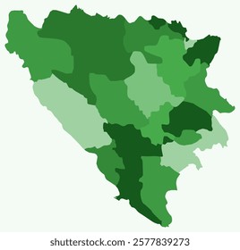 Map of Bosnia and Herzegovina with regions. Just a simple country border map with region division. Green color palette. Flat Bosnia and Herzegovina shape with administrative division.