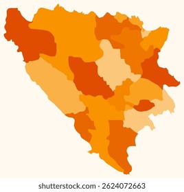 Mapa da Bósnia e Herzegovina com regiões. Apenas um simples mapa de fronteira de país com divisão de região. Paleta de cores laranja. Forma simples da Bósnia e Herzegovina com divisão administrativa.