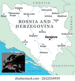 Mapa da Bósnia e Herzegovina mostrando as principais cidades, fronteiras próximas e acesso costeiro ao Adriático no sul da Europa.