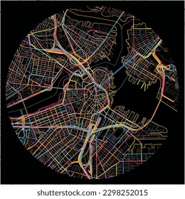 Map of Boston, Massachusetts with all major and minor roads, railways and waterways. Colorful line art on black background.
