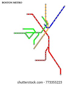 Map Of The Boston Metro, Subway, Template Of City Transportation Scheme For Underground Road. Vector Illustration