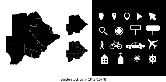 Map of Botswana administrative regions departments with icons. Map location pin, arrow, looking glass, signboard, man, bicycle, car, airplane, house. Royalty free outline Botswanian vector map.