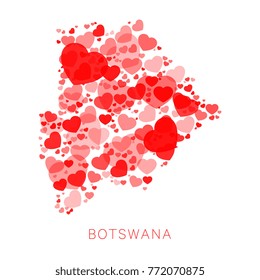 map of Botswana filled with abstract red hearts mosaic of different sizes and degrees of transparency on white background